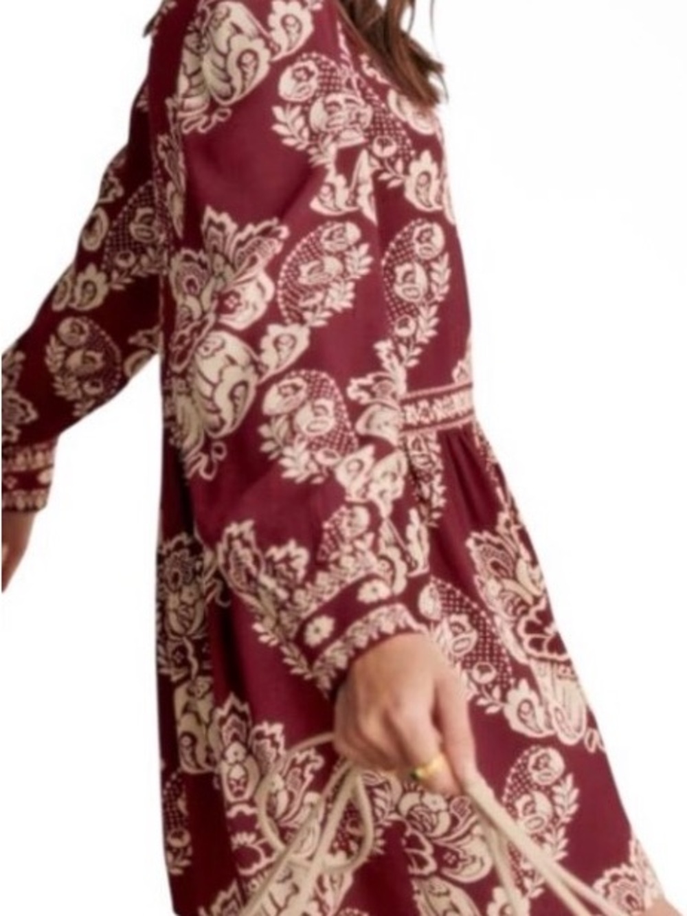 Sezane Burgundy and Cream Paisley Long-Sleeve Dress - Picture 2 of 7